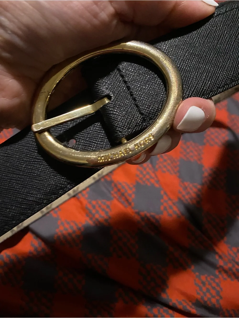 Michael Kors Beige MK Monogram Belt with Gold Round Buckle reversible XL